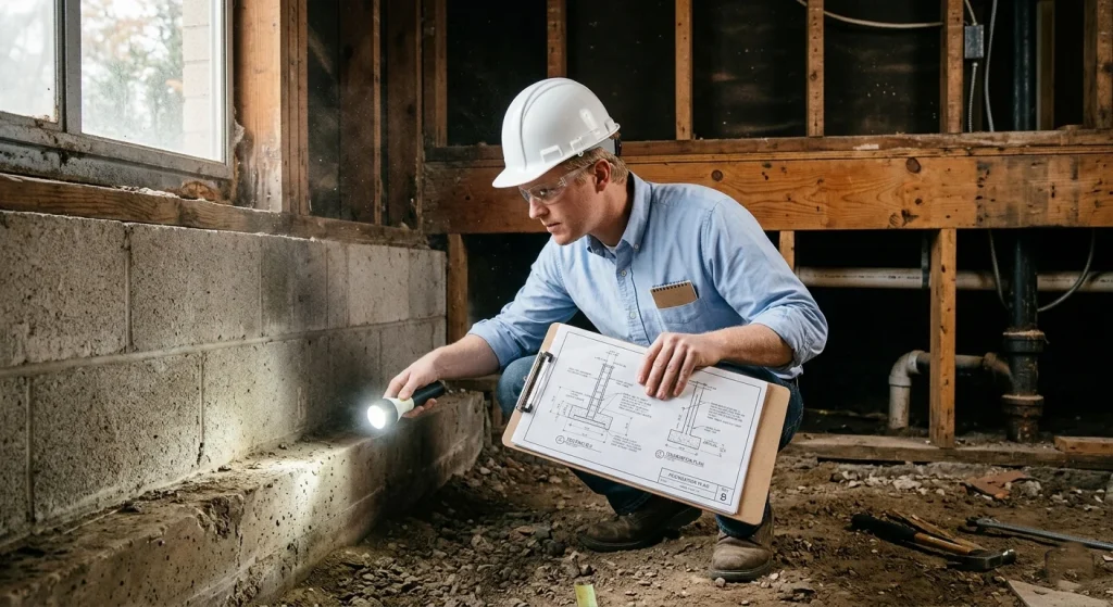 Structural engineer inspecting foundation of Sunnyvale ranch home for second story addition