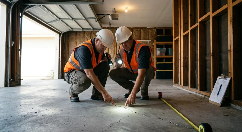 Contractor inspecting garage slab before ADU conversion in Sunnyvale