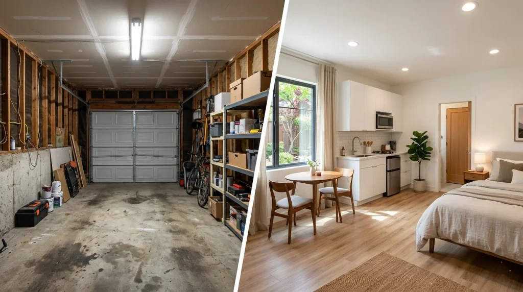 Exterior view of a completed garage conversion ADU in Sunnyvale, California, showing the new entry door, window, and exterior finishes matched to the primary home per Sunnyvale ADU standards.