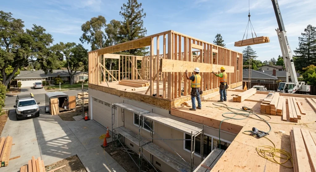 Sunnyvale ranch home with roof removed and second floor framing in progress