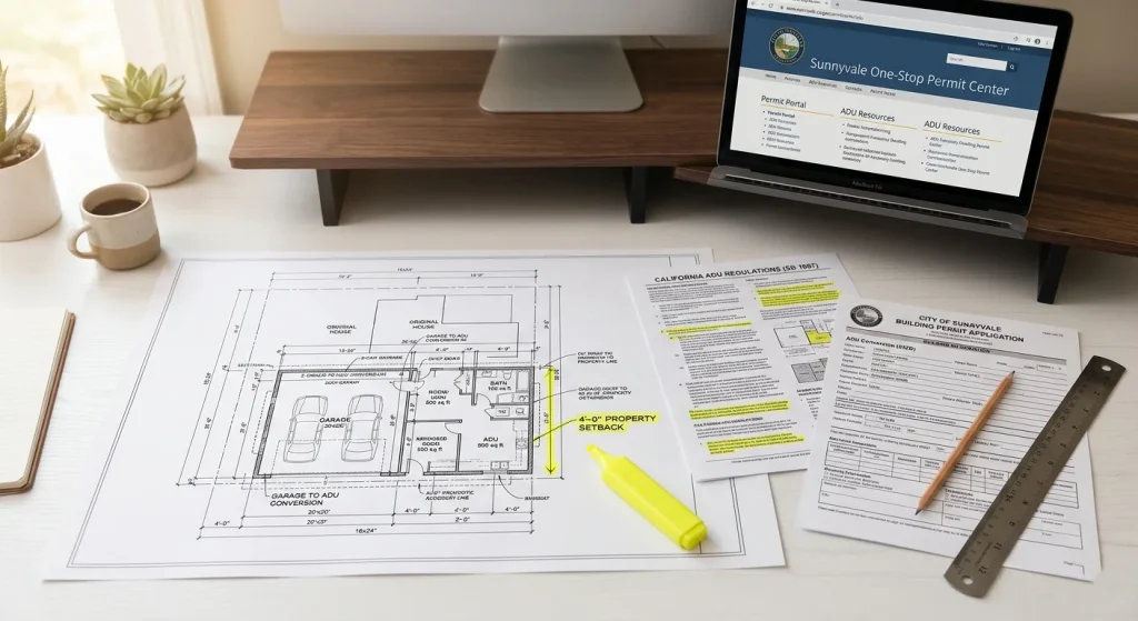 ADU permit documents and floor plan for Sunnyvale garage conversion